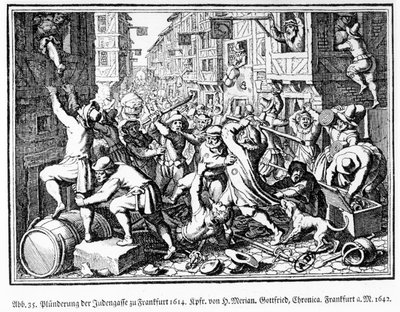 Juutalaisten kujan ryöstäminen Fettmilchin mellakoiden aikana Frankfurtissa 22. elokuuta od Matthaus the Elder (after) Merian
