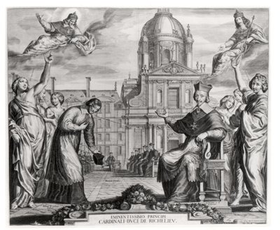 Robert de Sorbon (1201-94) a kardinál Richelieu (1575-1642) před Sorbonnou, vyryl Gregoire Huret (1606-70) 1639 od Matthaus the Elder Merian