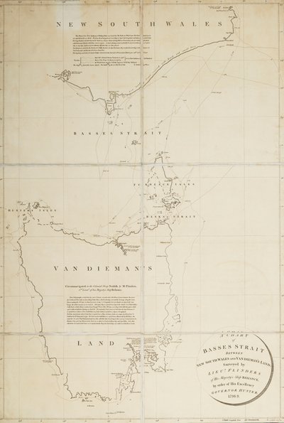 Mapa Bassesovy úžiny mezi Novým Jižním Walesem a Van Diemansovou zemí, kterou na příkaz ministra námořnictva prozkoumal poručík Flinders z lodi HMS "Reliance".... Guvernér Hunter od Matthew Flinders