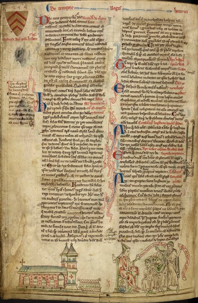 Royal 14C VII, f.138v Westminster Abbey and the Shrine of St. Edward; vpravo papež Innocent IV. na koncilu v Lyonu, ilustrace z „Historia Anglorum“ od Matthew Paris