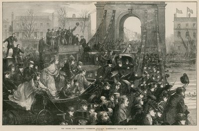 Oxford a Cambridge Boat Race: Hammersmith Bridge v den závodu (rytina) od Matthew White Ridley