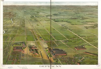 Pohled z ptačí perspektivy. Orientováno na sever vpravo. LC Panoramic maps (2nd ed.), 555.1 Dostupné také prostřednictvím webové stránky Library of Congress jako rastrový obrázek. LC kopie anotovaná inkoustem. Vyraženo na: Compliments Depew Improvement Co. od Matthews Northrup Company