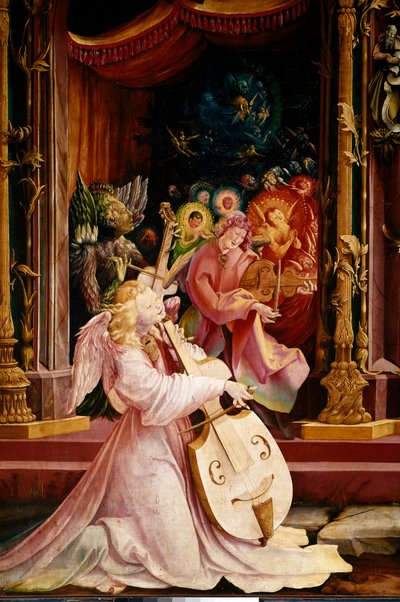 Oltářní obraz Issenheim (nebo Isenheim): “” La Nativite”” Detail koncertu hudebníků Angels. Anděl uprostřed hraje na gamba violu. Panely Mathis Neithardt Gothardt dit Matthias Grunewald (1480-1528) (ec.all.) 1512-1516 Dim. 265x304 cm Col od Matthias (c.1480 1528) Grunewald