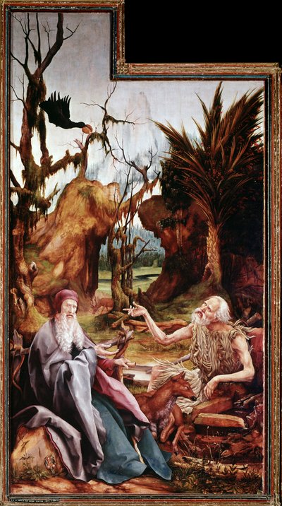 Svatý Antonín Veliký a svatý Pavel v poušti, oltářní obraz z Issenheimu (olej na desce od Matthias (c.1480 1528) Grunewald