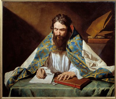 Portrét svatého Ambrože (340-397), předvečer Milána - Obraz Mathiase Stomera (Matthias Stom) (1600-1650) Ec Flam, cca 1633-1639 - Olej na plátně - Slunce: 1,10x1,30 m - Rennes, Musee des Beaux Arts - Portrét sv. Ambrože (nebo Ambroise, 340-397), biskup od Matthias (c.1600 p.1650) Stomer