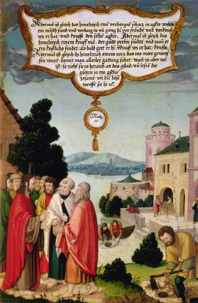 Království nebes je jako síť, která byla hozena do moře a sbírala ryby všeho druhu (Matouš 13) ilustrace Kristova učení, část křídlového panelu z oltáře Mompelgarter od Matthias Gerung or Gerou