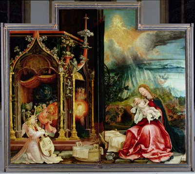 Isenheimský oltář. Centrální panel: Koncert andělů a narození, 1506-1515 od Matthias Grünewald