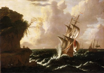Holandská loď v bouři před útesem, na jehož vrcholu stojí opevněné budovy. Olej na plátně, autor Matthieu van Plattenberg (1608-1660). od Matthieu van (c.1608 60) Plattenberg