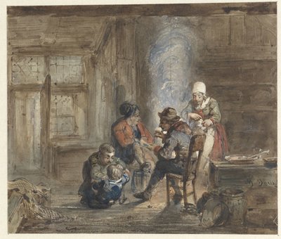 Interiér s rodinou kolem krbu od Matthijs Maris