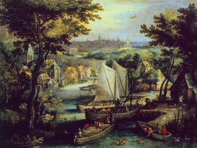 Říční krajina, Mathys Bril Younger (1550-1583), olej na mědi od Matthijs the younger Bril