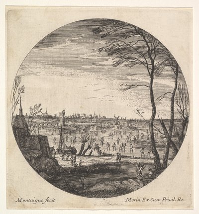 Zimní krajina s krasobruslením na zamrzlé vodní ploše v kruhové kompozici..., ca. 1625-60. od Matthijs van Plattenberg