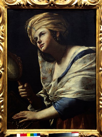 Vanite žena s turbanem a zrcadlem - obraz Mattia Pretiho (1613-1699) Florencie 17. století, galerie Uffizi od Mattia Preti