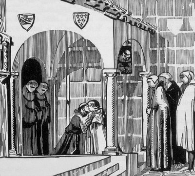 Francouzský král Saint Louis (Louis IX 1214-1270) jako Pilgrim navštěvující Saint Frere Gilles v Perugii, vyrytý Jacquesem Beltrandem po kresbě Maurice Denis od Maurice (after) Denis