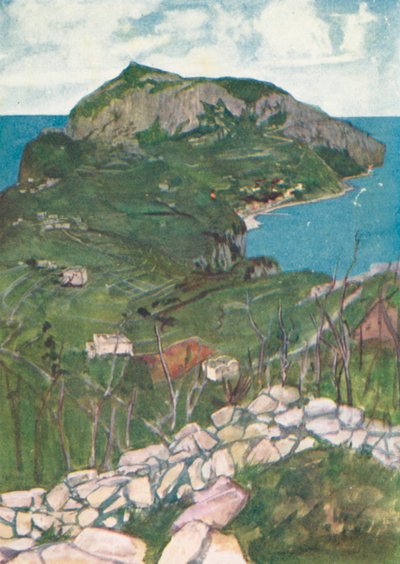 Capri z vily Jovis (barevná litografie) od Maurice (after) Greiffenhagen