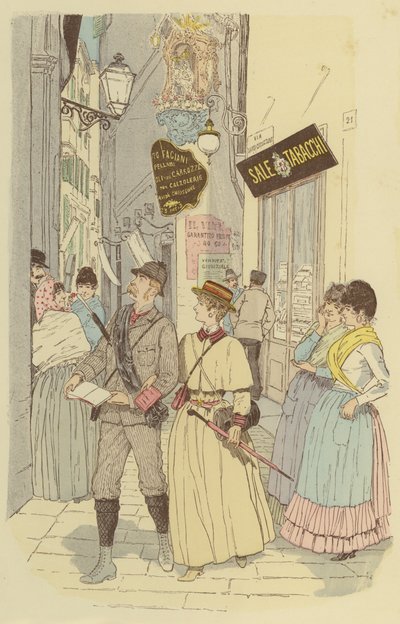 Muž a jeho žena procházející uličkami starého města Janova. (barva lito) od Maurice Charles Mathieu Bonvoisin