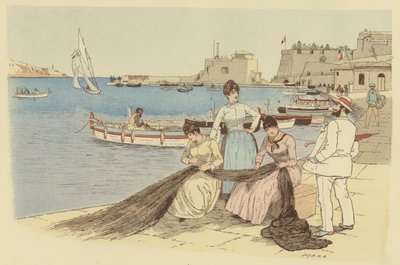 Muž chatující se skupinou žen, které opravují rybářské sítě ve městě Villefranche, Francie (barva litho) od Maurice Charles Mathieu Bonvoisin