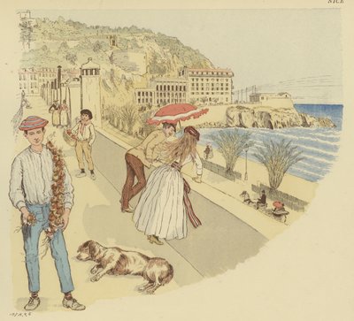 Prodejce cibule se svým zbožím a lidé, kteří si užívají terasu vedoucí k hoře Rauba-Capeu, Nice (barva litho) od Maurice Charles Mathieu Bonvoisin