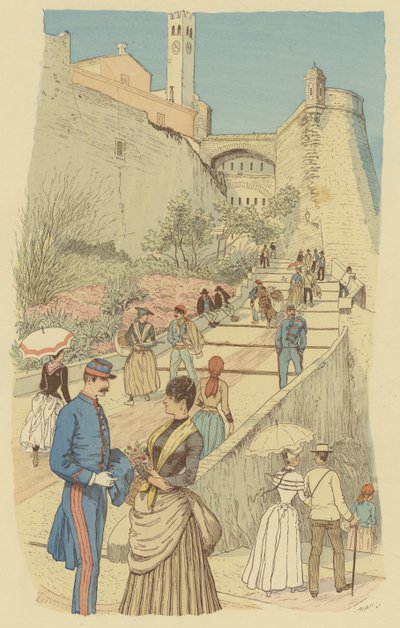 Lidí, kteří jdou po Velkém schodišti v královském paláci v Monaku. (barva lito) od Maurice Charles Mathieu Bonvoisin