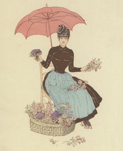 Žena sedí pod deštníkem a prodává květiny (barva litho) od Maurice Charles Mathieu Bonvoisin