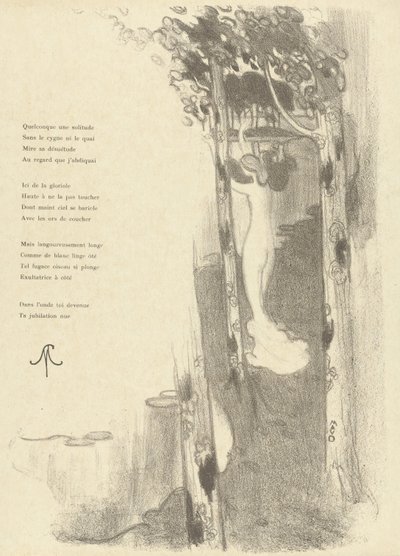 Ilustrace s nahou ženou stojící mezi stromy u jezera s básní Petit Air od Stéphana Mallarmého Ilustrace pro sonet Petit Air de Stéphane Mallarmé L