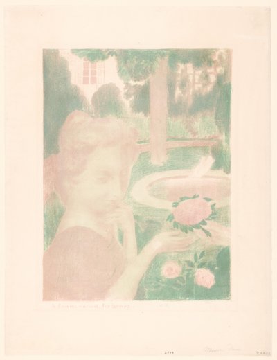 Mladá žena dostává kytici v zahradě Le bouquet matinal, les larmes... (název na objektu) Reprezentace lásky (název série) Amour (název série) od Maurice Denis