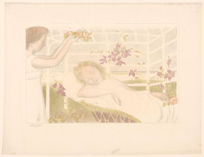 Spící dívka dostane květinový věnec Alegorie (název na předmětu) Reprezentace lásky (název seriálu) Amour (název série) od Maurice Denis