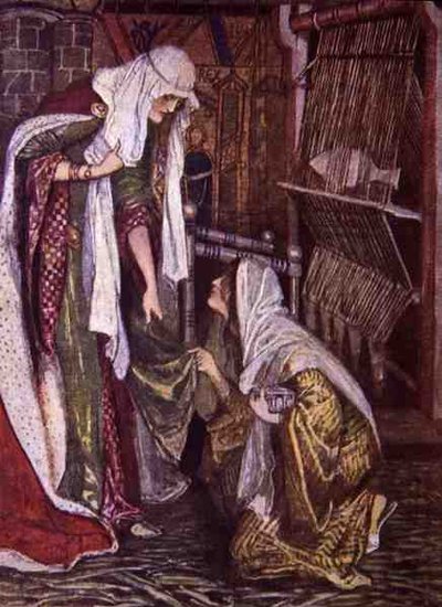 „K překvapení paní z Ivanhoe, její návštěvník poklekl na jedno koleno“, ilustrace z „Ivanhoe pro chlapce a dívky“, převyprávěná Alice Jackson, hospoda. 1924 (litho) od Maurice Greiffenhagen
