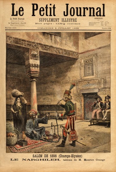 Během francouzského tažení v Egyptě voják vyslýchá domorodého člověka ohledně jeho vodní dýmky, narghileh (nebo narghileh), na základě obrazu Maurice Orange, prezentovaného na Salonu v roce 1896. Rytina v „“ Le petit journal““ 7. 5. 1896. Selva c od Maurice Henri (after) Orange