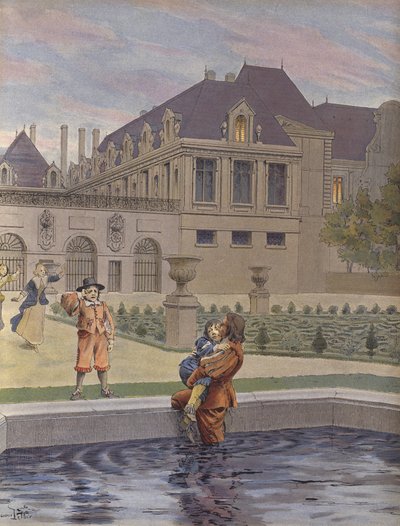 Pád mladého Ludvíka XIV. do bazénu Palais-Royal od Maurice Leloir