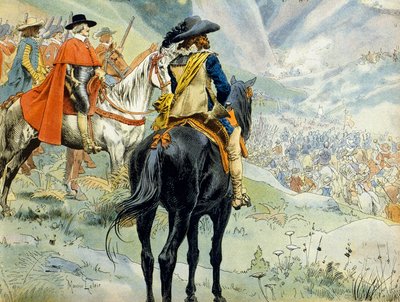Historie Francie: Válka o dědictví Mantovy (1628-1631) během třicetileté války. Bitva u Pas de Suze (Susa) zastupující krále Ludvíka XIII. (1601-1643) a kardinála Richelieu (Armand Jean du Plessis) od Maurice Leloir