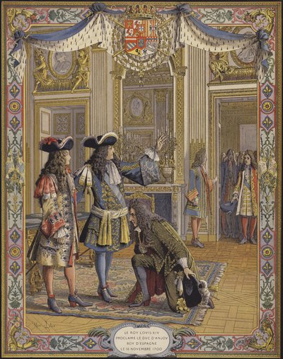 Král Ludvík XIV., vévoda dAnjou, prohlásil králem Španělska a přijal poctu svého velvyslance od Maurice Leloir