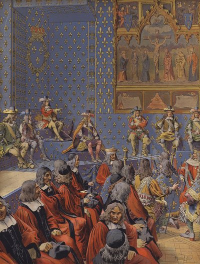 Král Ludvík XIV sedící v botách v parlamentu od Maurice Leloir