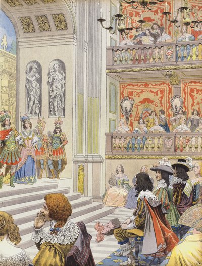 Představení v divadle Palais Cardinal of Mirame, hra napsaná Richelieu a Desmarets od Maurice Leloir