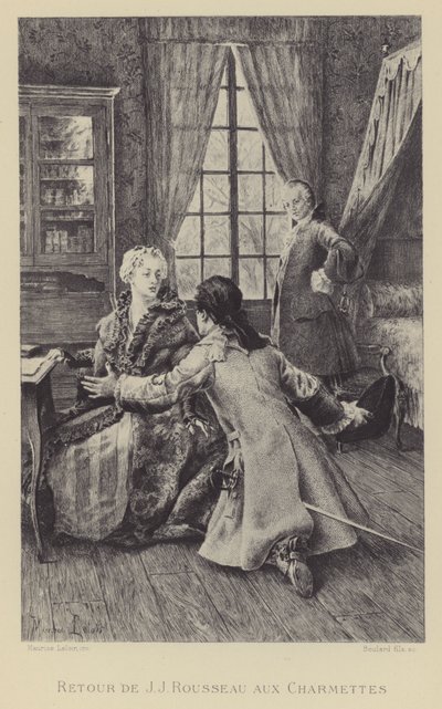 Návrat Jean-Jacquese Rousseaua do Les Charmettes (rytina) od Maurice Leloir