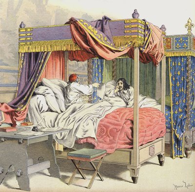 Richelieu a král Ludvík XIII. v přilehlých postelích v době spiknutí Cinq-Mars od Maurice Leloir