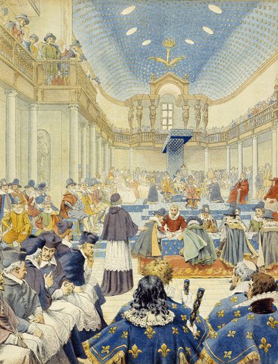 Richelieu pronesl řeč jménem úředníka na závěrečné schůzi generálů států v roce 1614 – v „Richelieu“ od Maurice Leloira. od Maurice Leloir