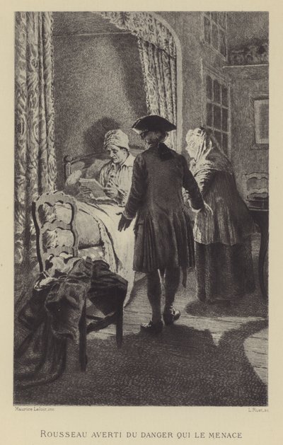 Rousseau varoval před nebezpečím, které mu hrozí (rytina) od Maurice Leloir