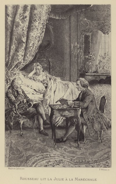 Rousseau čte svůj román Julie to la Marechale (rytina) od Maurice Leloir