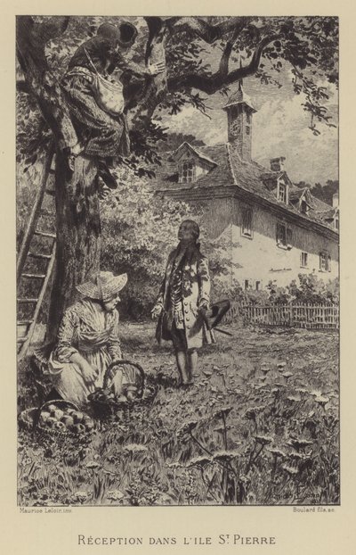 Rousseauova recepce na Ile St Pierre (rytina) od Maurice Leloir