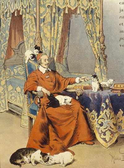 Kardinál si hraje se svými kočkami, které obzvlášť miloval – v „“Richelieu”” od Maurice Leloira, deb. 20. století od Maurice Leloir