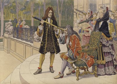 Zatmění Slunce, král Ludvík XIV. a dvorní ženy na terase zámku Marly od Maurice Leloir