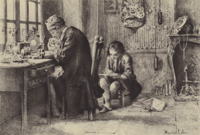 Mladý Jean-Jacques Rousseau čte, zatímco jeho otec pracuje (hlubotisk) od Maurice Leloir