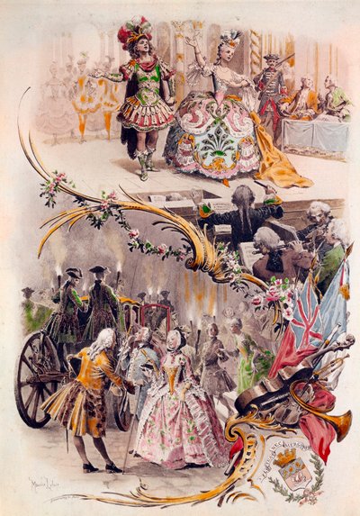 Svatební menu s ilustrací Maurice Leloira (1851-1940) plesů v kostýmech a galantes, 6.4.1900 od Maurice Leloir