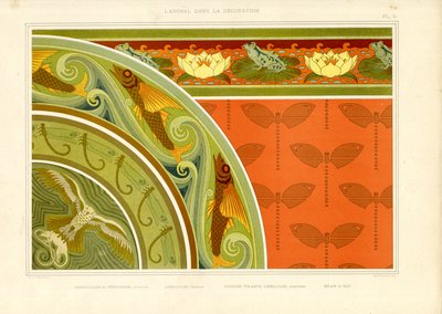 Vodní dekorace s vážkami, žábami a motýly (litografie) od Maurice Pillard Verneuil