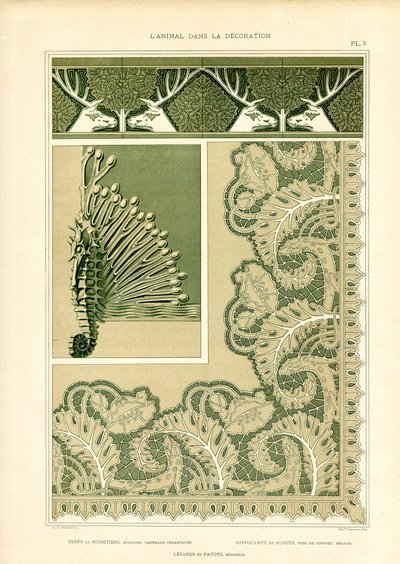 Dekorativní zvířecí ozdoby s jeleny a mořskými živočichy (litografie) od Maurice Pillard Verneuil