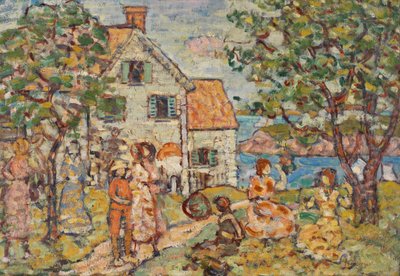 Pláž a dva domy od Maurice Prendergast