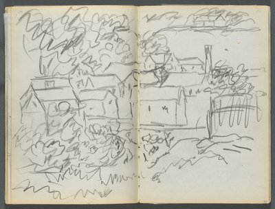 Skicář, The Dells, č. 127, strana 096 a 97: Krajina s domy od Maurice Prendergast
