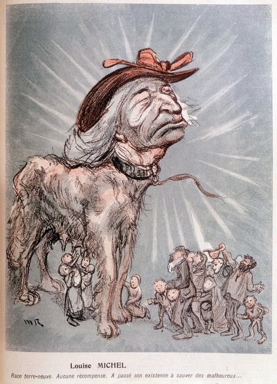 Karikatura Louise Michela jako psa "" plemene newfoundland (Newfoundland), žádná odměna, strávila svou existenci zachraňováním nešťastníků." od Maurice Radiguet