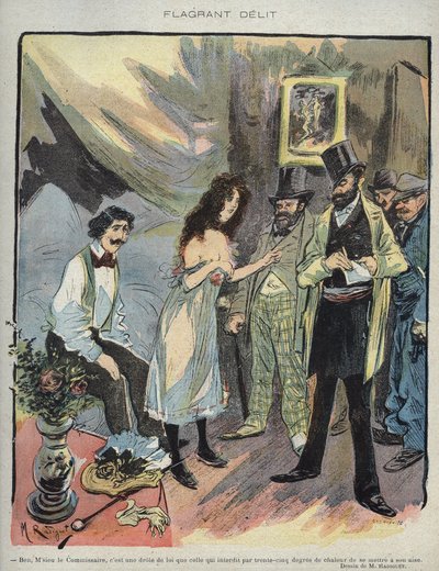 Ilustrace Maurice Radigueta (1866-1941) pro francouzský časopis “” Le Rire””” číslo 46 de 1895 - “” Flagrant Delit””” - Ben monsieur komisař, je to legrační zákon, který zakazuje při teplotě 35 stupňů dostat se do klidu““ od Maurice Radiguet