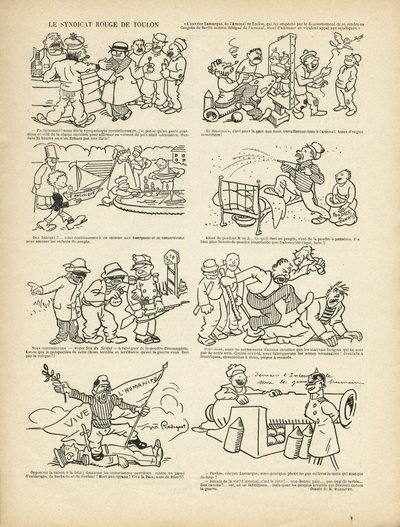 Ilustrace Maurice Radigueta (1866-1941) v Le Rire, 21. 12. 12 - Le syndicrouge de Toulon - syndikalismus, Toulon od Maurice Radiguet